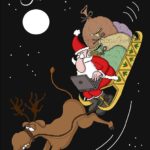 Frohe Weihnachten Karte - Weihnachtsmann im Schlitten mit Laptop und besoffenen Rentier.